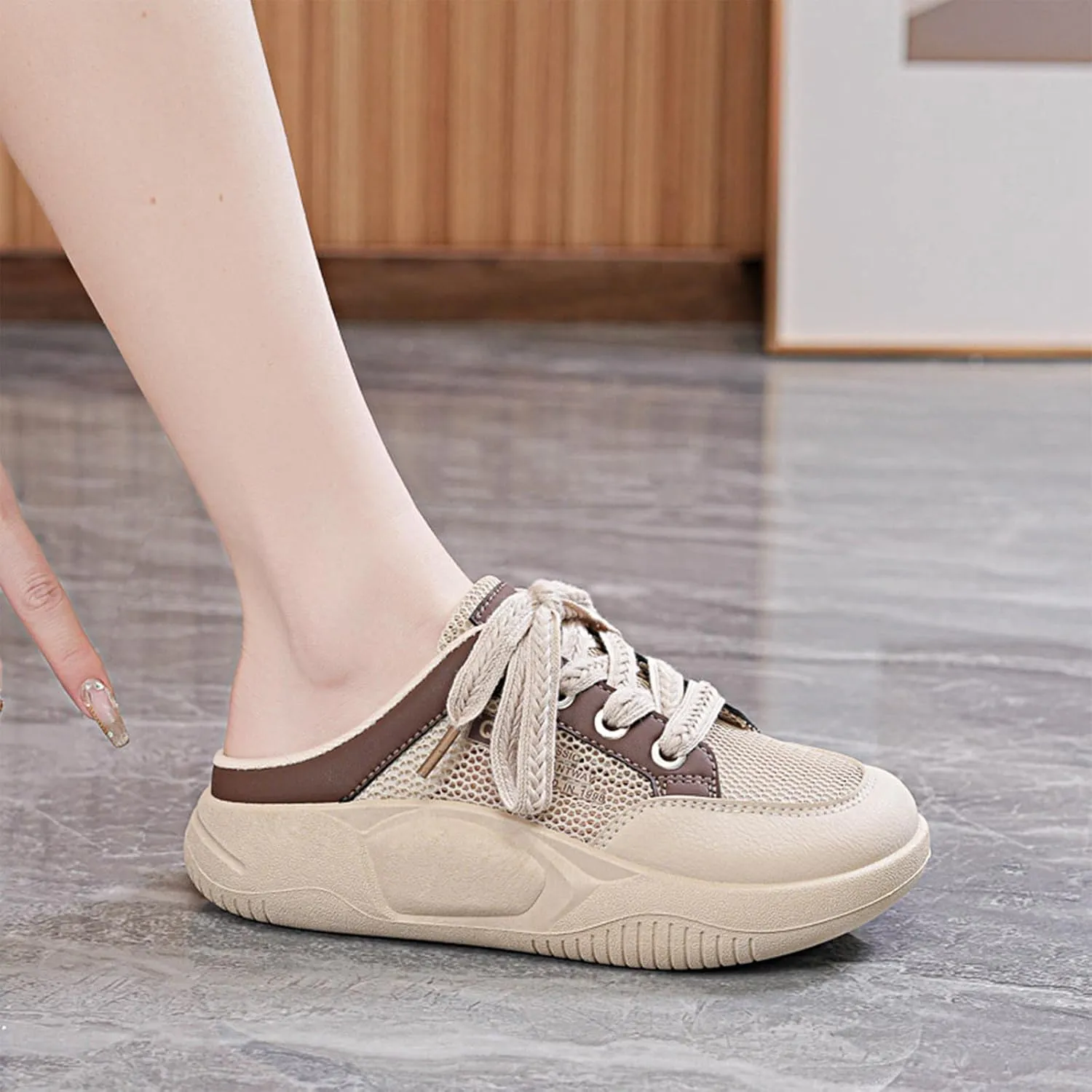 Women's Platform Lace Mesh Casual Mule Shoes,Closed Round Toe Lace Up Slip-On Non-Slip Walking Shoes with Arch Support Lightweight Breathable Outdoor Slippers Sneakers