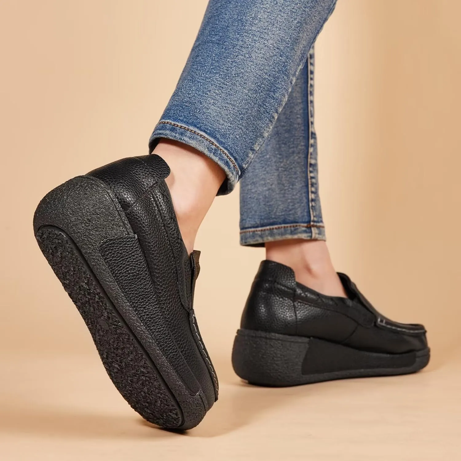 Women's Platform Leather Loafer Dress Walking Slip-On Comfort Chunky Work Shoes