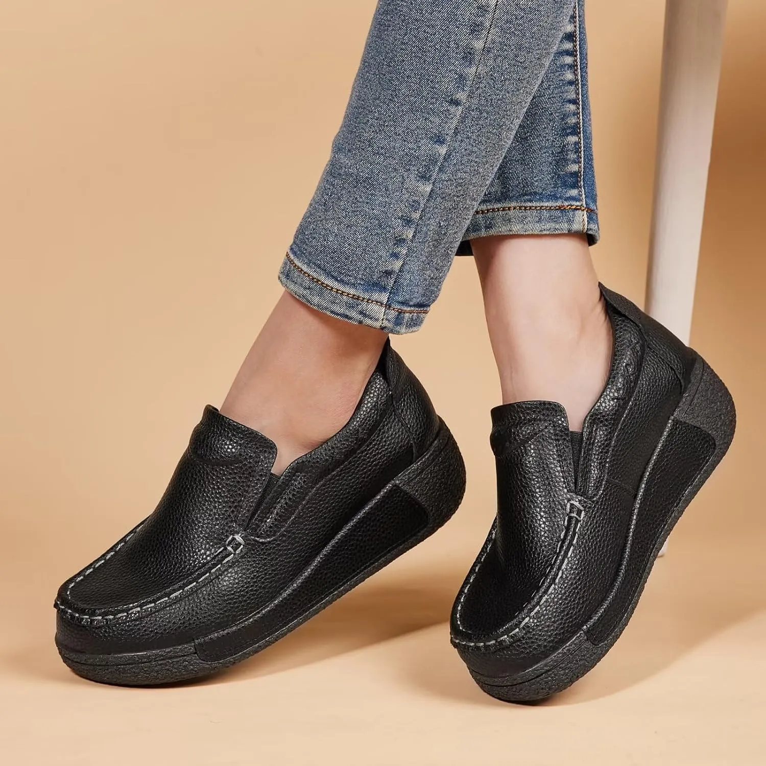 Women's Platform Leather Loafer Dress Walking Slip-On Comfort Chunky Work Shoes