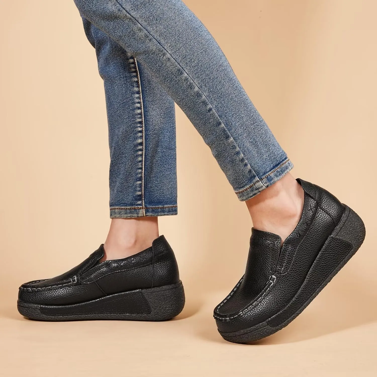 Women's Platform Leather Loafer Dress Walking Slip-On Comfort Chunky Work Shoes