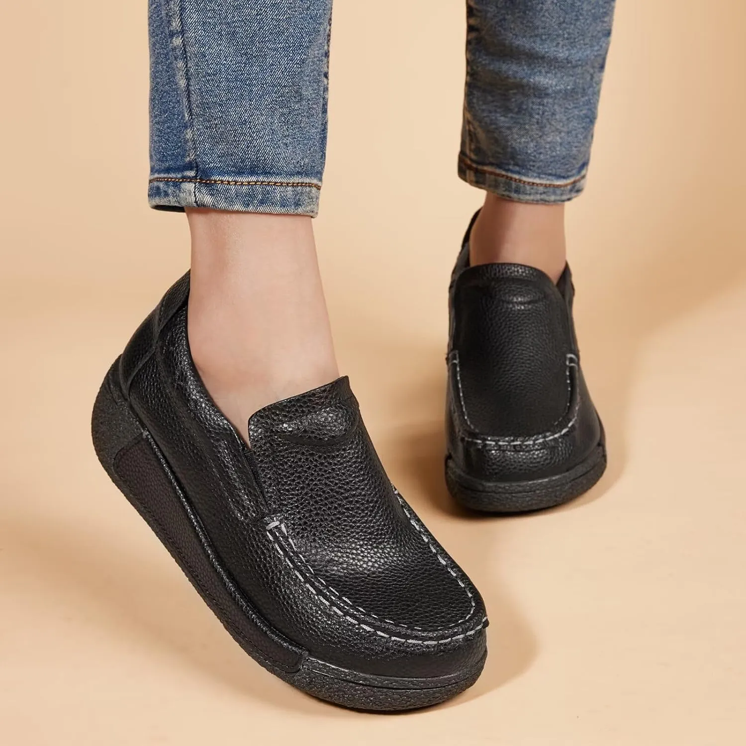 Women's Platform Leather Loafer Dress Walking Slip-On Comfort Chunky Work Shoes