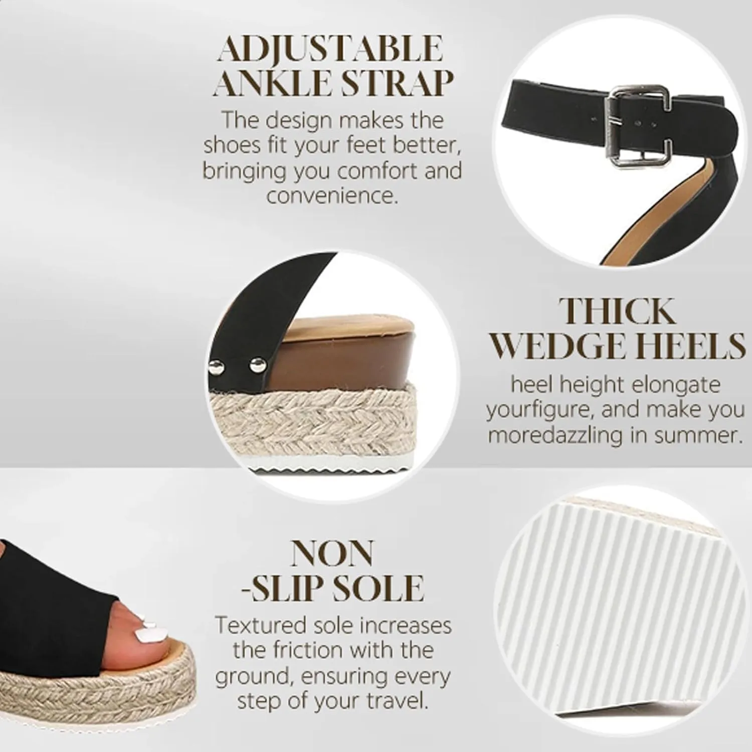 Women's Platform Open Toe Buckle Ankle Strap Sandals Summer Dressy Elegant Flats Studded Wedge Sandals Comfortable Arch Support Wedge Sandals