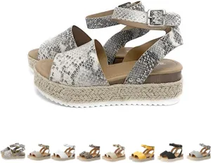 Women's Platform Open Toe Buckle Ankle Strap Sandals Summer Dressy Elegant Flats Studded Wedge Sandals Comfortable Arch Support Wedge Sandals
