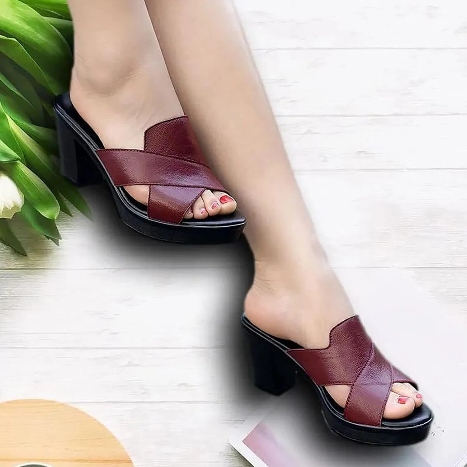 Women's Platform Sandals Slingback Fish Mouth Mules Leather Cross Strap Dress Shoes Open Toe Slip On High Chunky Heels Sandals