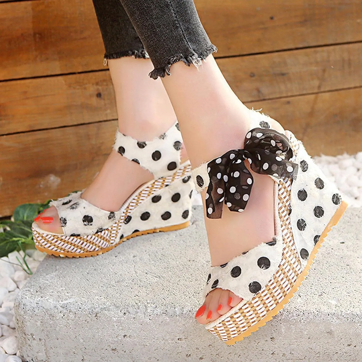 Women's Platform Sandals Wedge Open Toe Ankle Strap Lace Wedding Bridesmaid Shoes Bohemia Wide Width Close Toe Dressy Summer