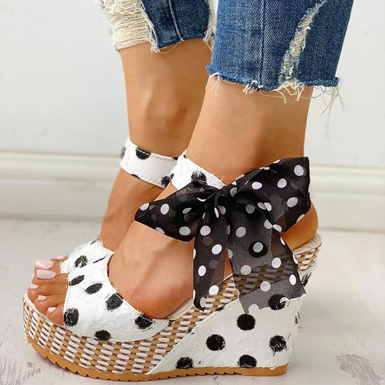 Women's Platform Sandals Wedge Open Toe Ankle Strap Lace Wedding Bridesmaid Shoes Bohemia Wide Width Close Toe Dressy Summer