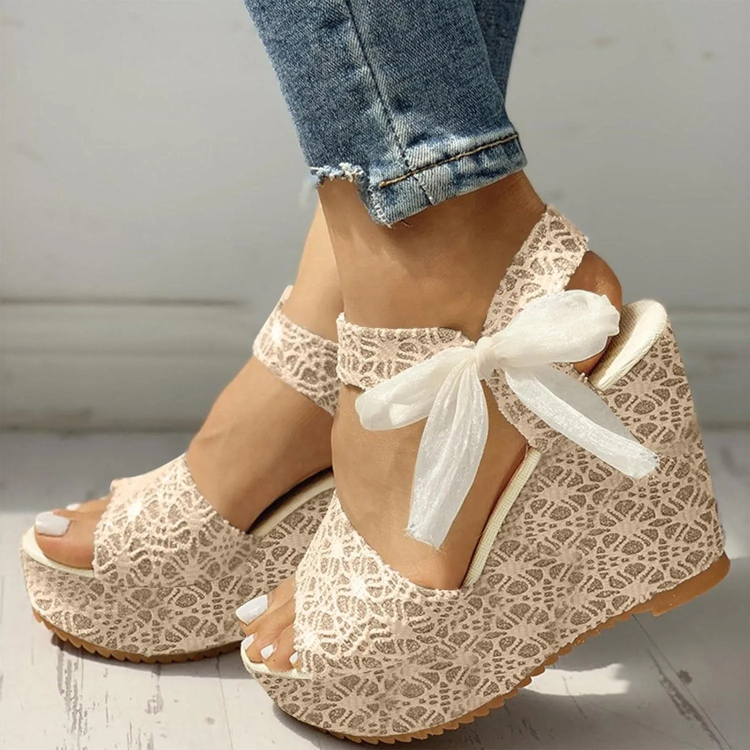 Women's Platform Sandals Wedge Open Toe Ankle Strap Lace Wedding Bridesmaid Shoes Close Toe Dressy Casual Bohemia Summer
