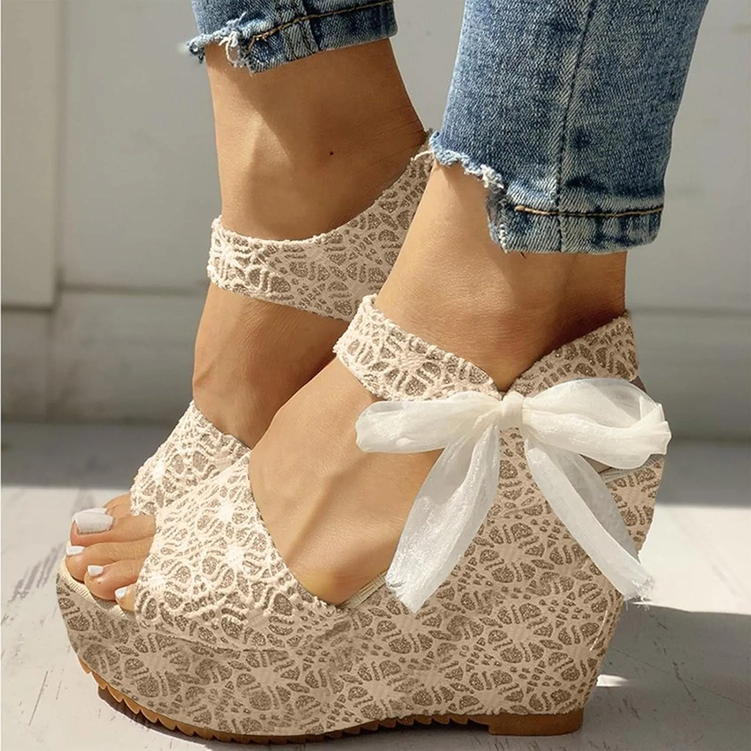 Women's Platform Sandals Wedge Open Toe Ankle Strap Lace Wedding Bridesmaid Shoes Close Toe Dressy Casual Bohemia Summer
