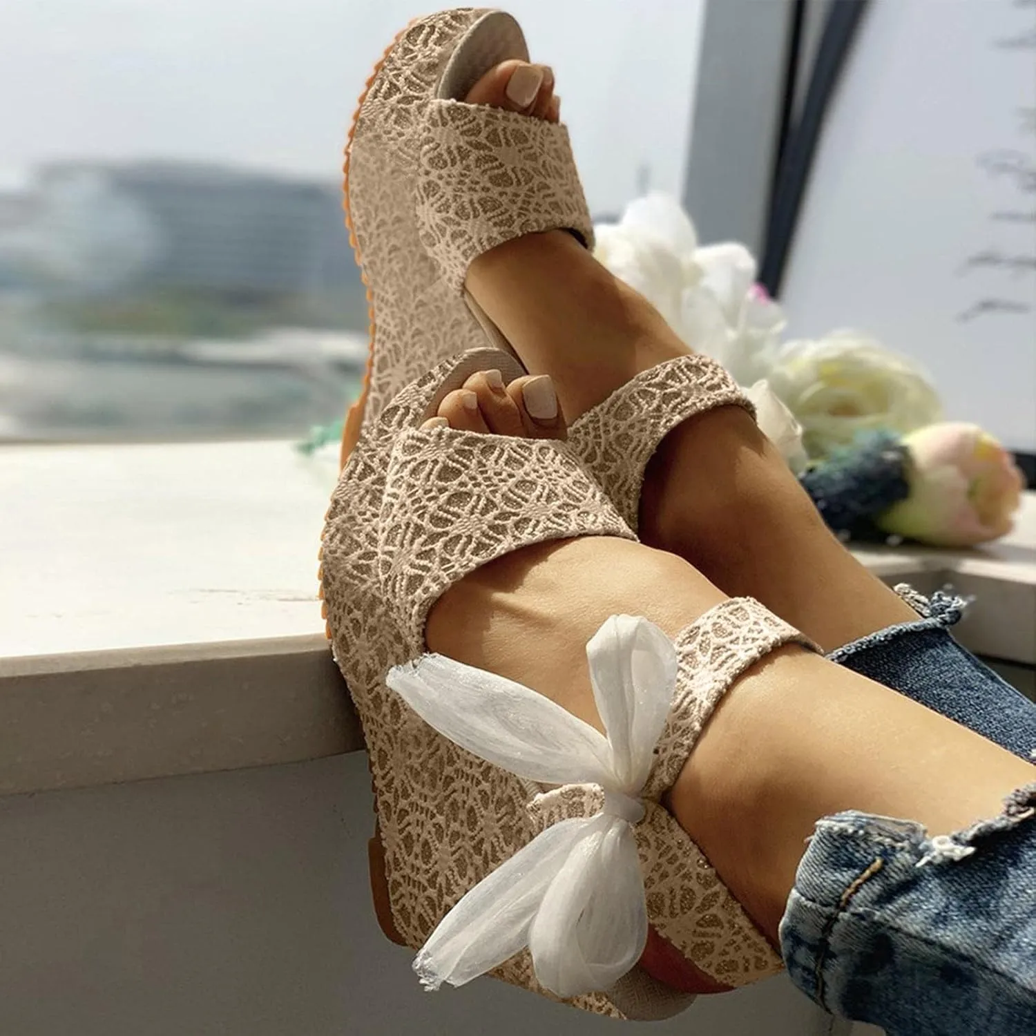 Women's Platform Sandals Wedge Open Toe Ankle Strap Lace Wedding Bridesmaid Shoes Close Toe Dressy Casual Bohemia Summer
