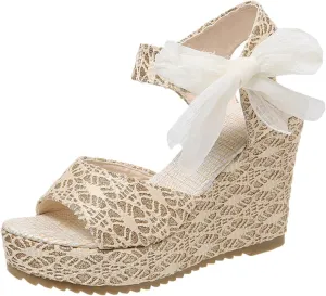 Women's Platform Sandals Wedge Open Toe Ankle Strap Lace Wedding Bridesmaid Shoes Close Toe Dressy Casual Bohemia Summer