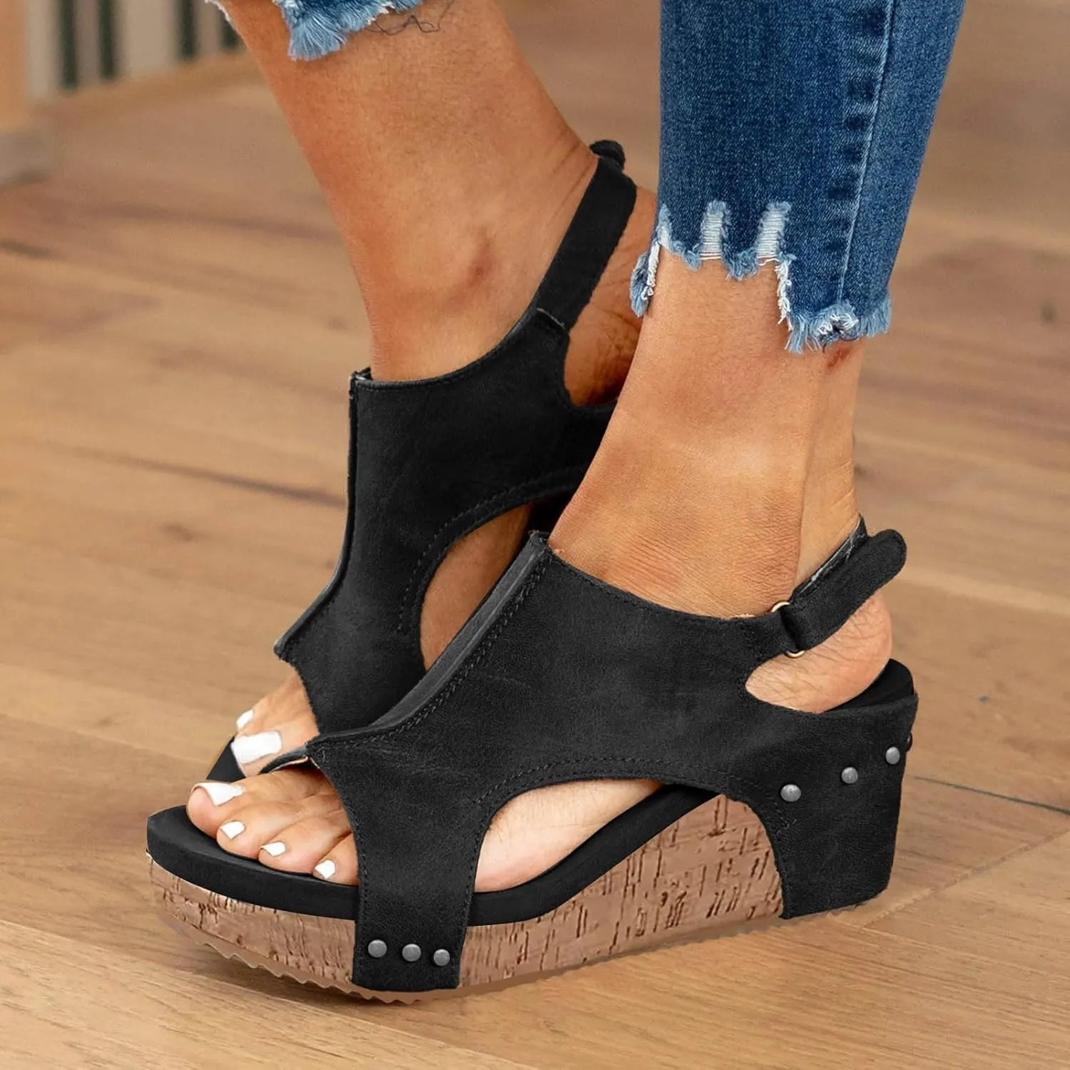 Women's Platform Wedge Sandals, Comfortable Open Toe Cork Casual & Dressy Summer Shoes Slip On Slides (a-Black, 8)