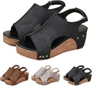 Women's Platform Wedge Sandals, Comfortable Open Toe Cork Casual & Dressy Summer Shoes Slip On Slides (a-Black, 8)