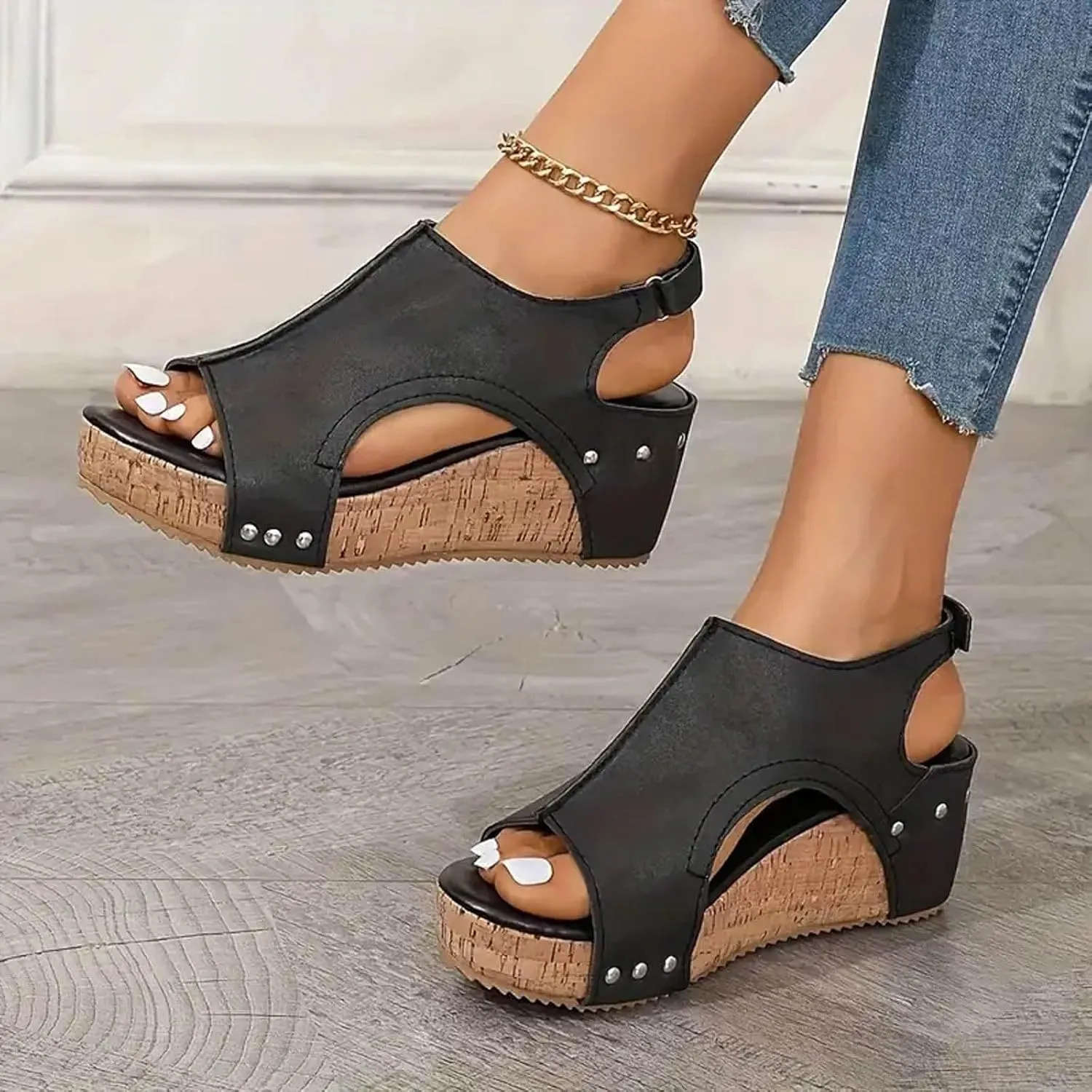 Women's Platform Wedge Sandals, Comfortable Open Toe Cork Casual & Dressy Summer Shoes Slip On Slides (a-Black, 8)