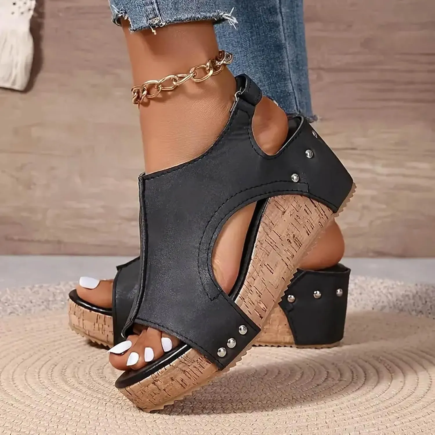 Women's Platform Wedge Sandals, Comfortable Open Toe Cork Casual & Dressy Summer Shoes Slip On Slides (a-Black, 8)