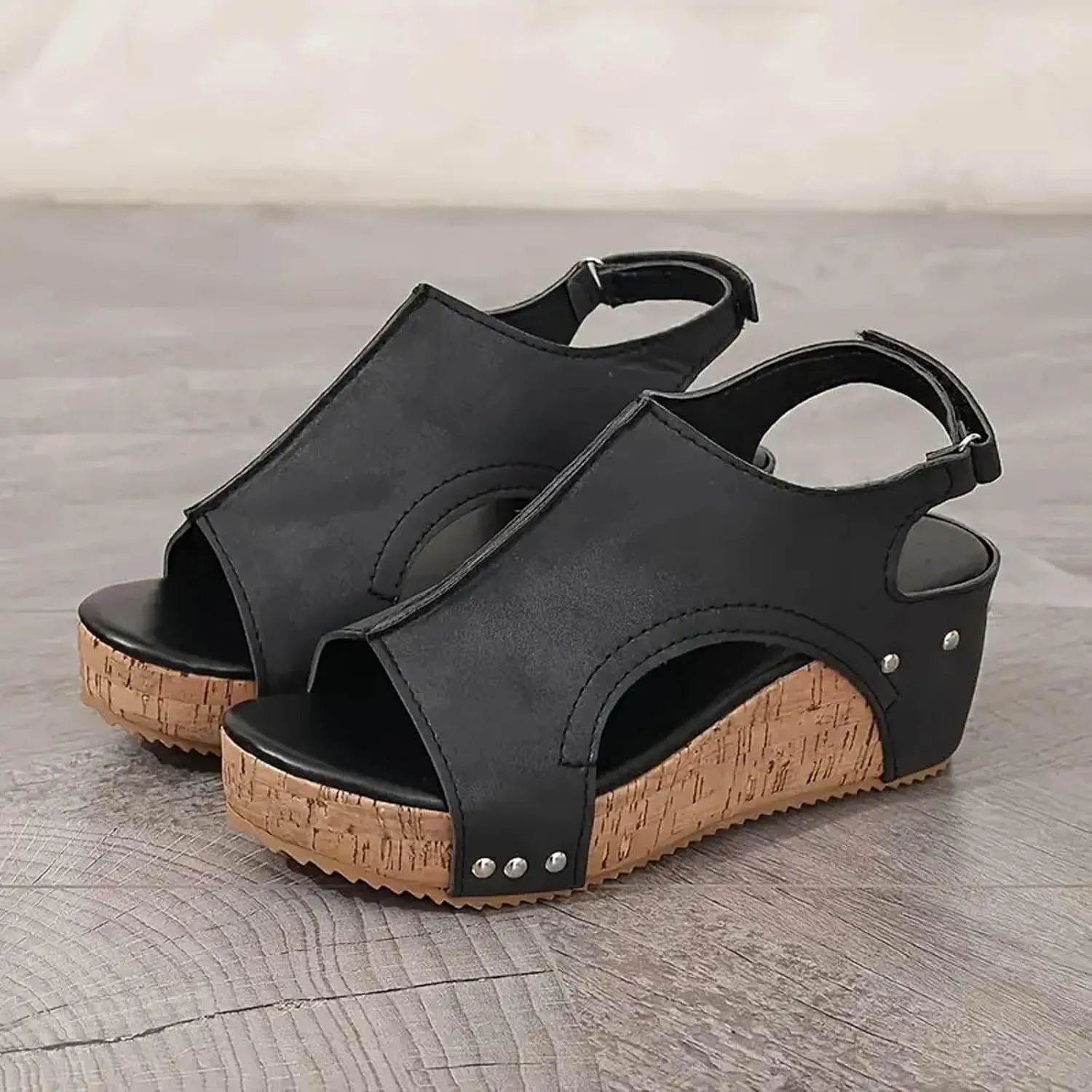 Women's Platform Wedge Sandals, Comfortable Open Toe Cork Casual & Dressy Summer Shoes Slip On Slides (a-Black, 8)