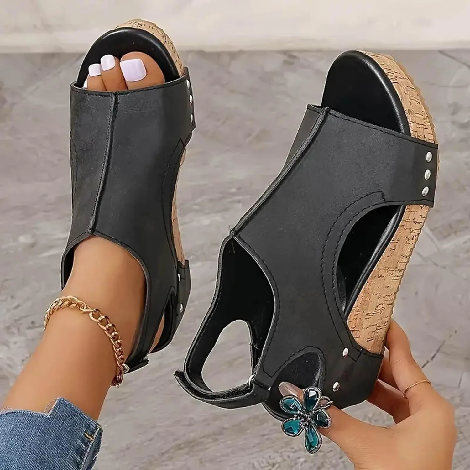 Women's Platform Wedge Sandals, Comfortable Open Toe Cork Casual & Dressy Summer Shoes Slip On Slides (a-Black, 8)