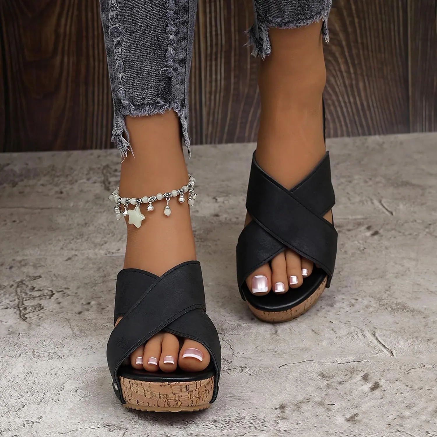 Women's Platform Wedge Sandals, Comfortable Open Toe Cork Casual & Dressy Summer Shoes Slip On Slides (b-Black, 8)