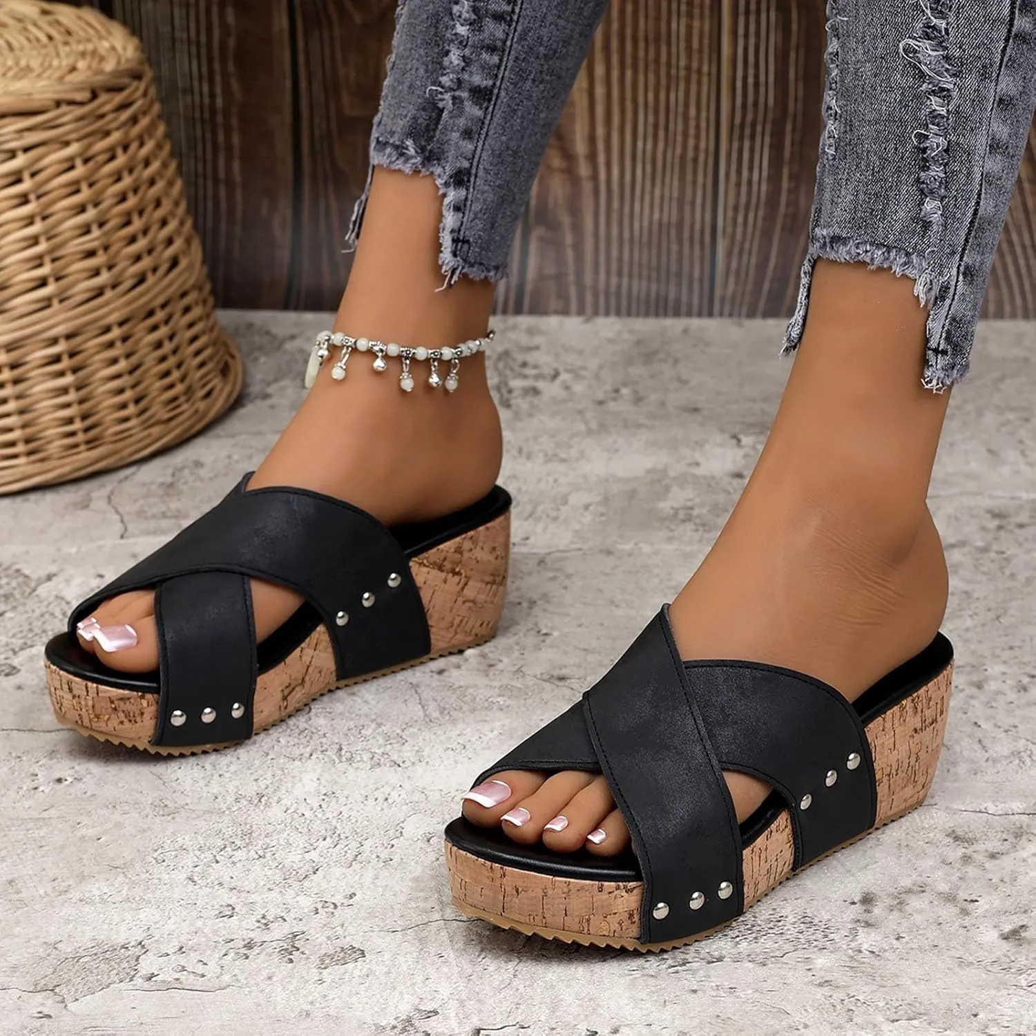 Women's Platform Wedge Sandals, Comfortable Open Toe Cork Casual & Dressy Summer Shoes Slip On Slides (b-Black, 8)
