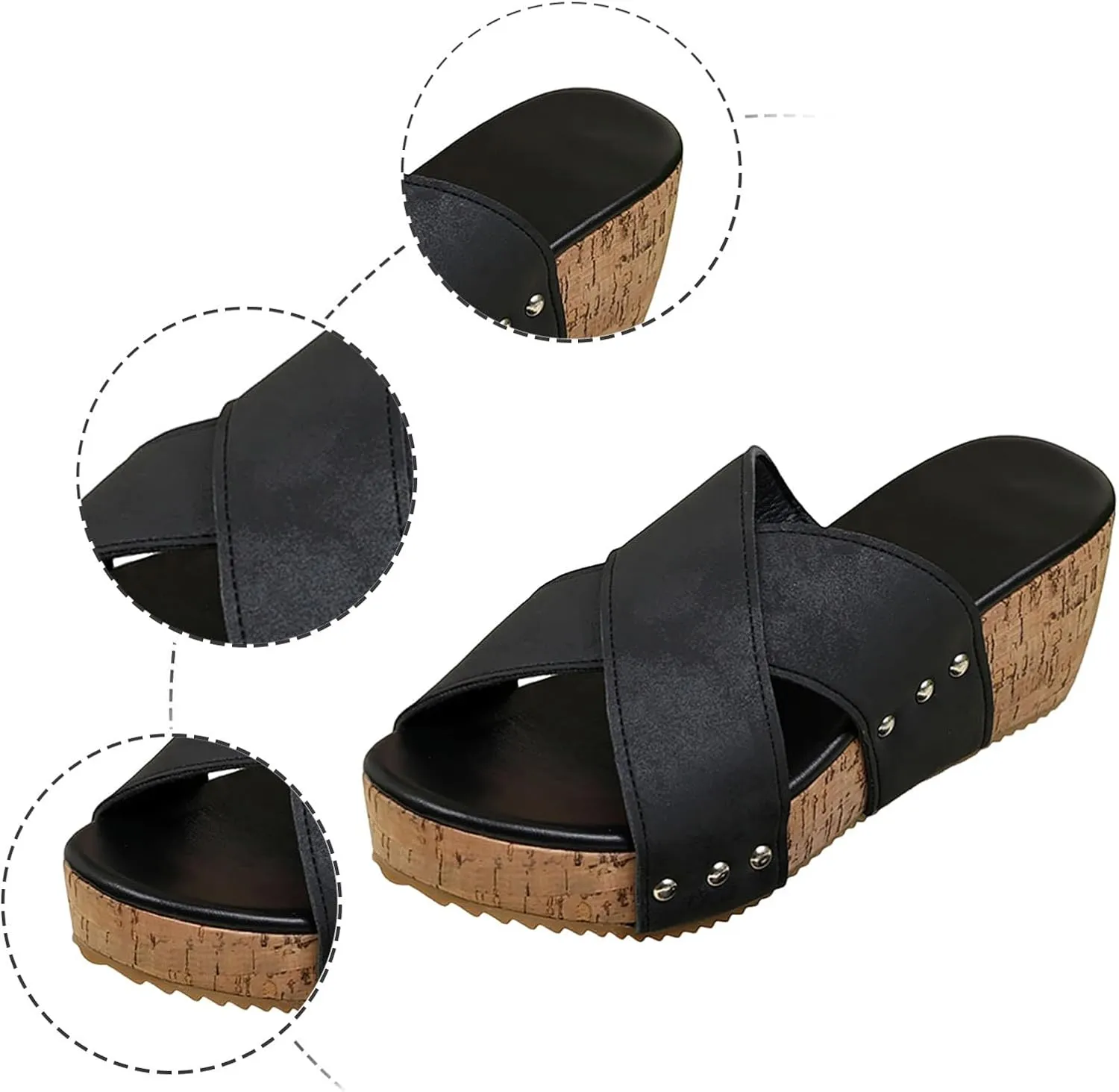 Women's Platform Wedge Sandals, Comfortable Open Toe Cork Casual & Dressy Summer Shoes Slip On Slides (b-Black, 8)