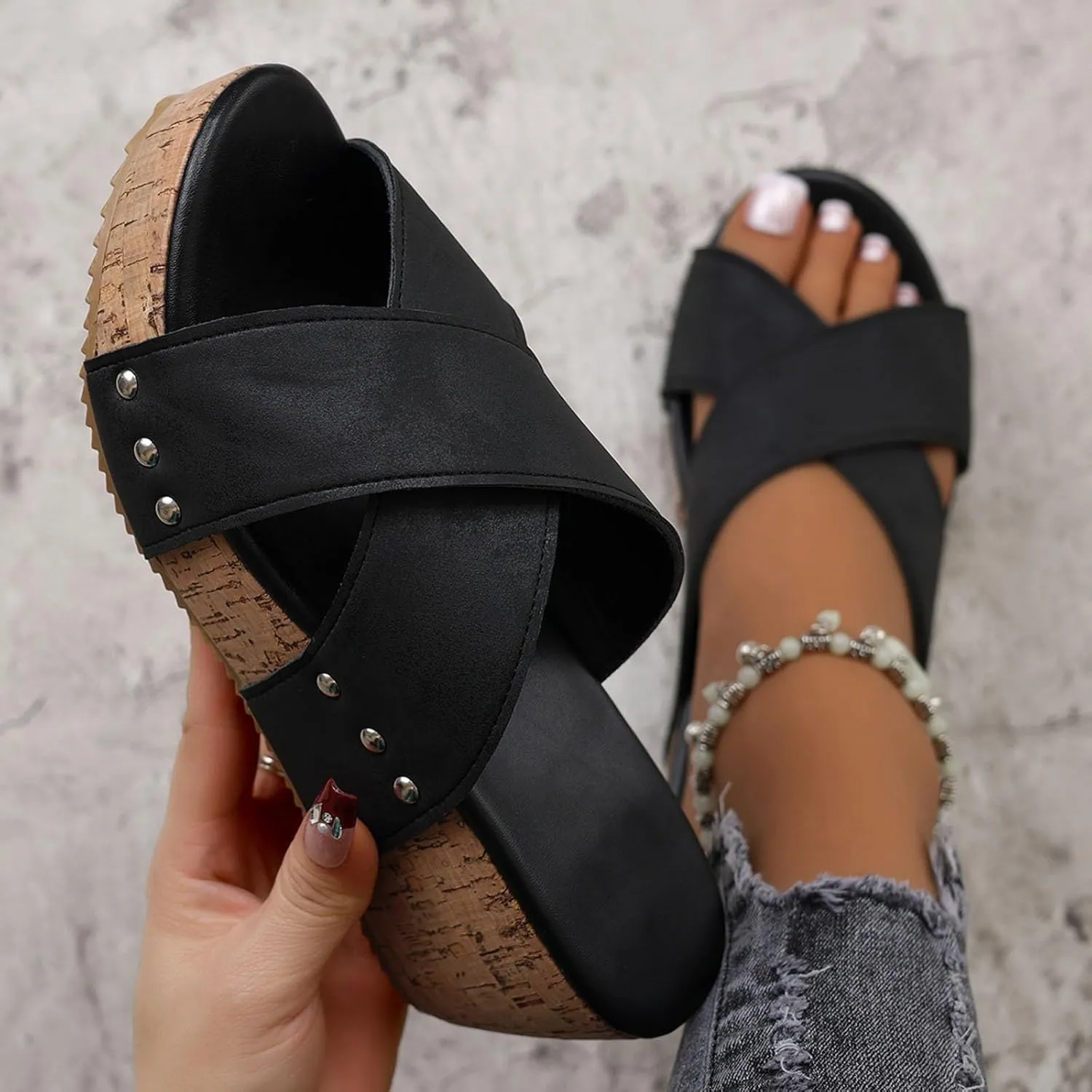 Women's Platform Wedge Sandals, Comfortable Open Toe Cork Casual & Dressy Summer Shoes Slip On Slides (b-Black, 8)