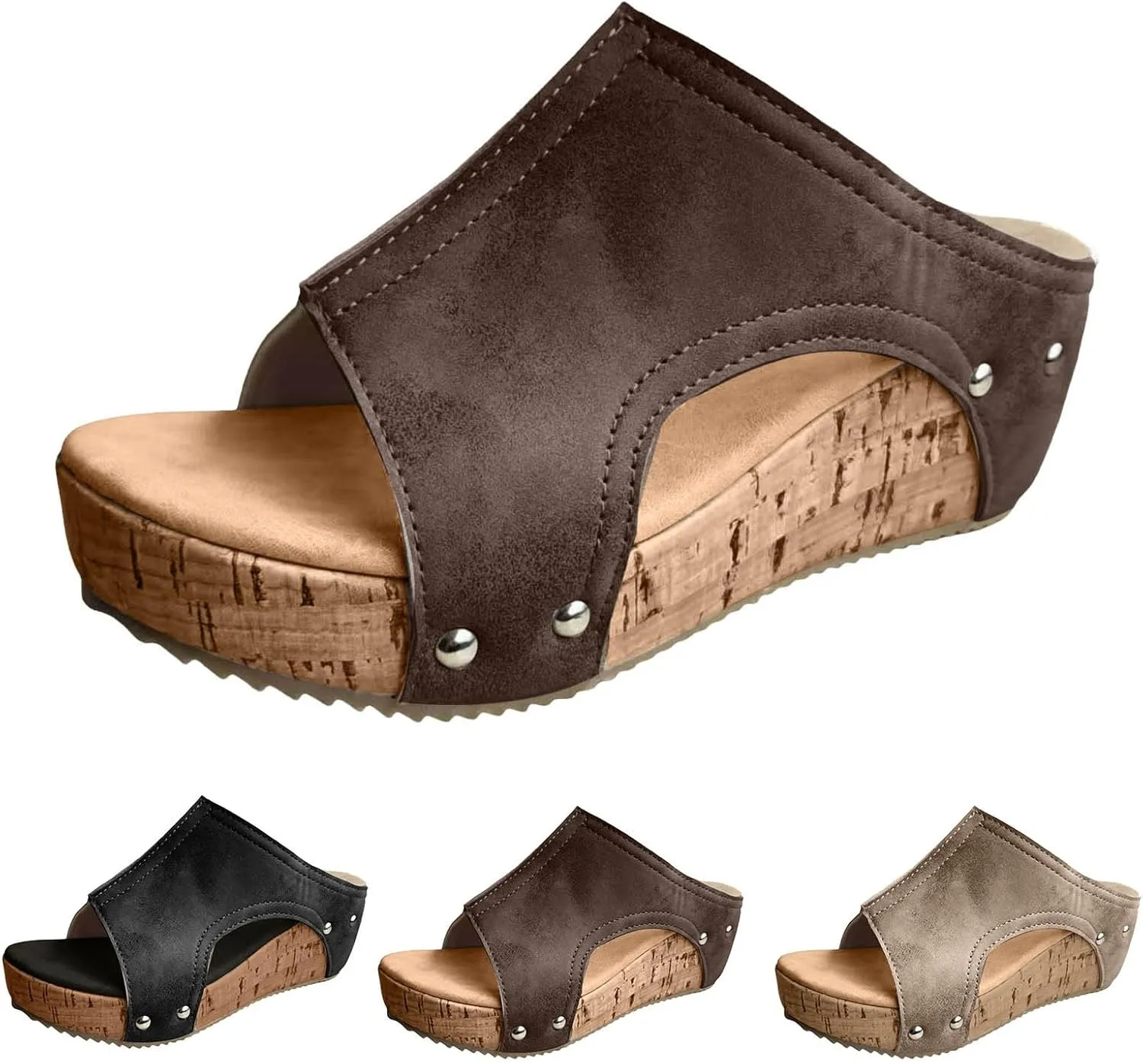 Women's Platform Wedge Sandals, Comfortable Open Toe Cork Casual & Dressy Summer Shoes Slip On Slides (c-Coffee, 8)