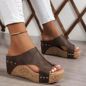 Women's Platform Wedge Sandals, Comfortable Open Toe Cork Casual & Dressy Summer Shoes Slip On Slides (c-Coffee, 8)