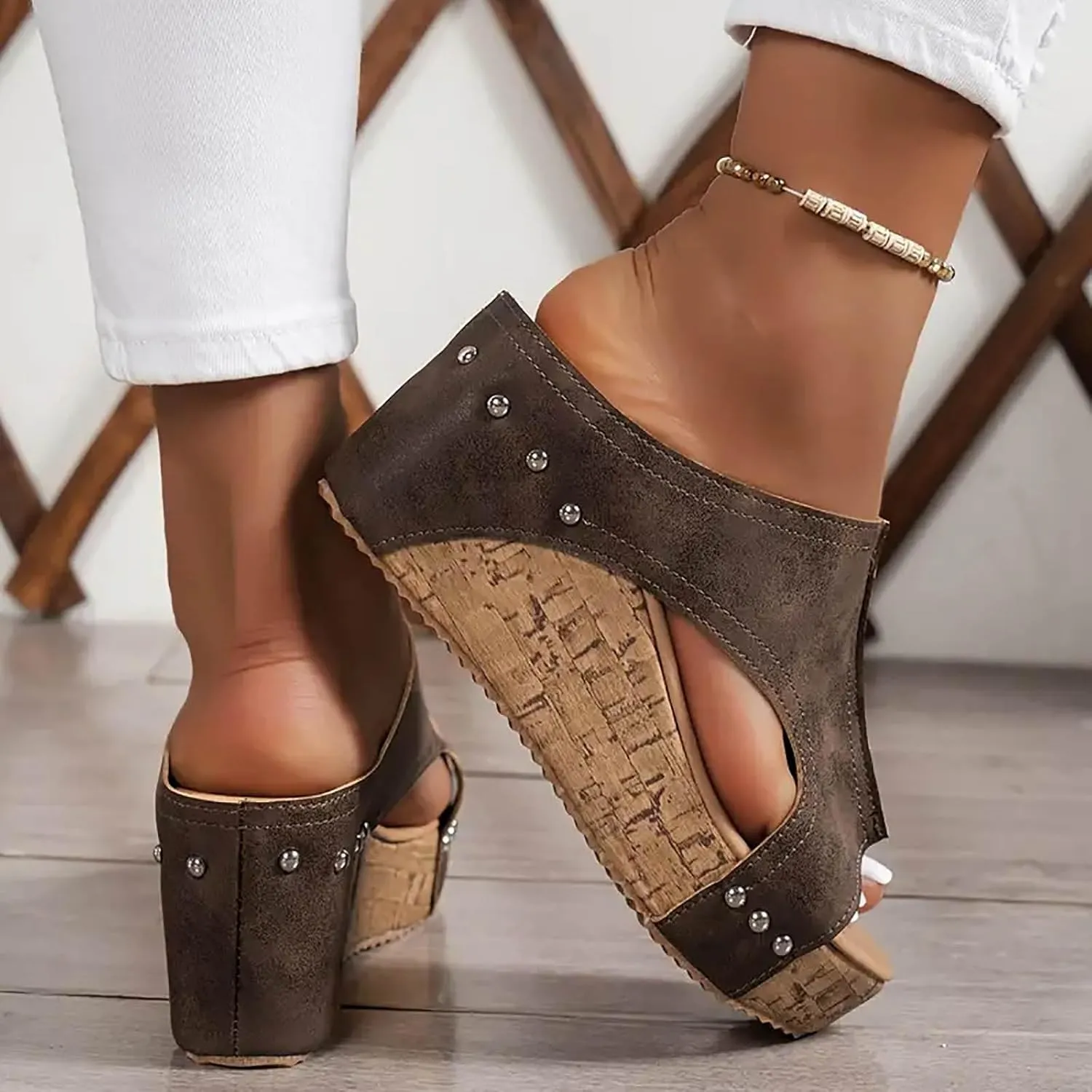 Women's Platform Wedge Sandals, Comfortable Open Toe Cork Casual & Dressy Summer Shoes Slip On Slides (c-Coffee, 8)