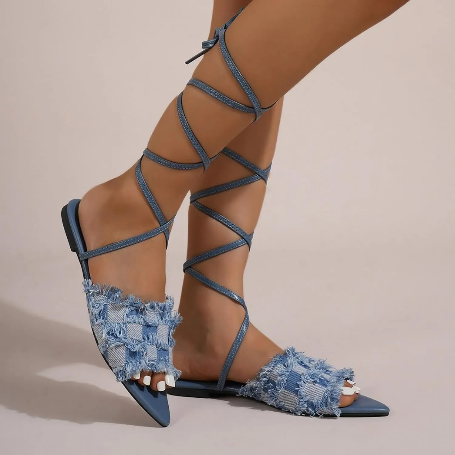 Women's Pointed Toe Denim Strappy Sandals,Cute Tassels Checkered Jean Flat Gladiator Slippers Sandals