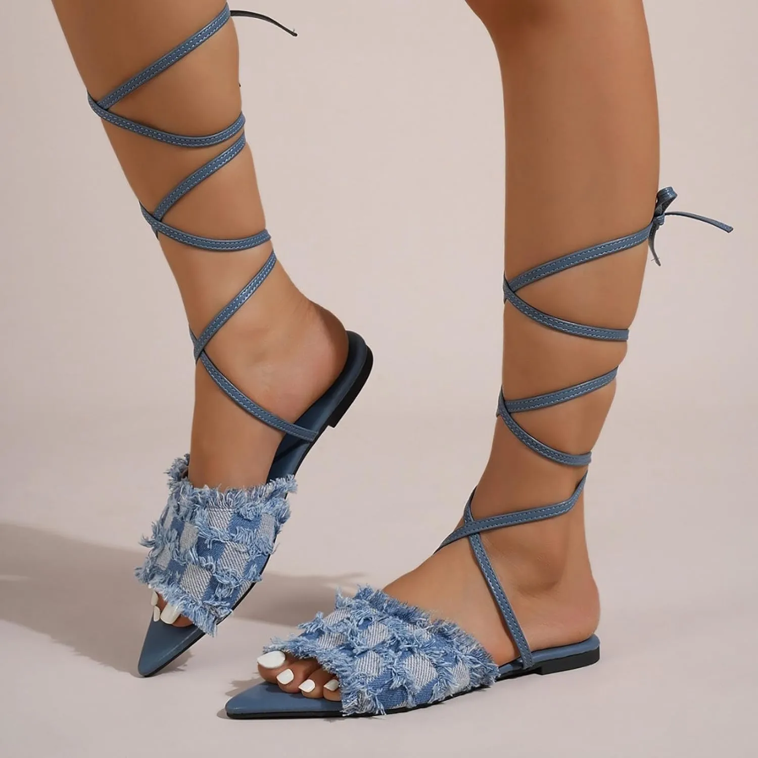 Women's Pointed Toe Denim Strappy Sandals,Cute Tassels Checkered Jean Flat Gladiator Slippers Sandals