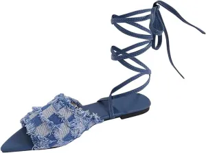 Women's Pointed Toe Denim Strappy Sandals,Cute Tassels Checkered Jean Flat Gladiator Slippers Sandals