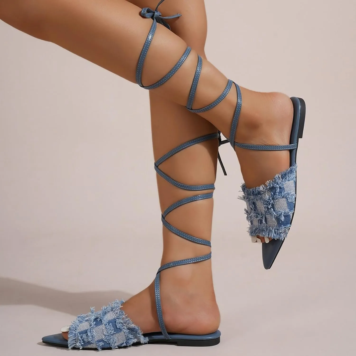 Women's Pointed Toe Denim Strappy Sandals,Cute Tassels Checkered Jean Flat Gladiator Slippers Sandals