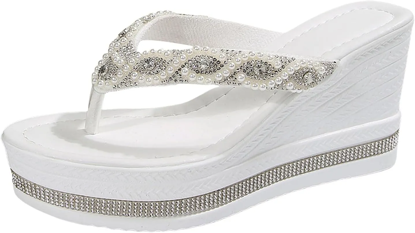 Women's Rhinestone Wedge Flip Flops 2025 Summer Open Toe Thick Sole Fashionable Retro Non Slip Wedge Heels Sandals Wide Width Walking Dress Shoes for Party Casual Beach Vacation