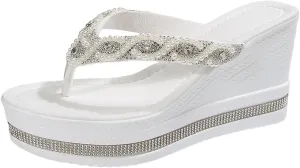 Women's Rhinestone Wedge Flip Flops 2025 Summer Open Toe Thick Sole Fashionable Retro Non Slip Wedge Heels Sandals Wide Width Walking Dress Shoes for Party Casual Beach Vacation