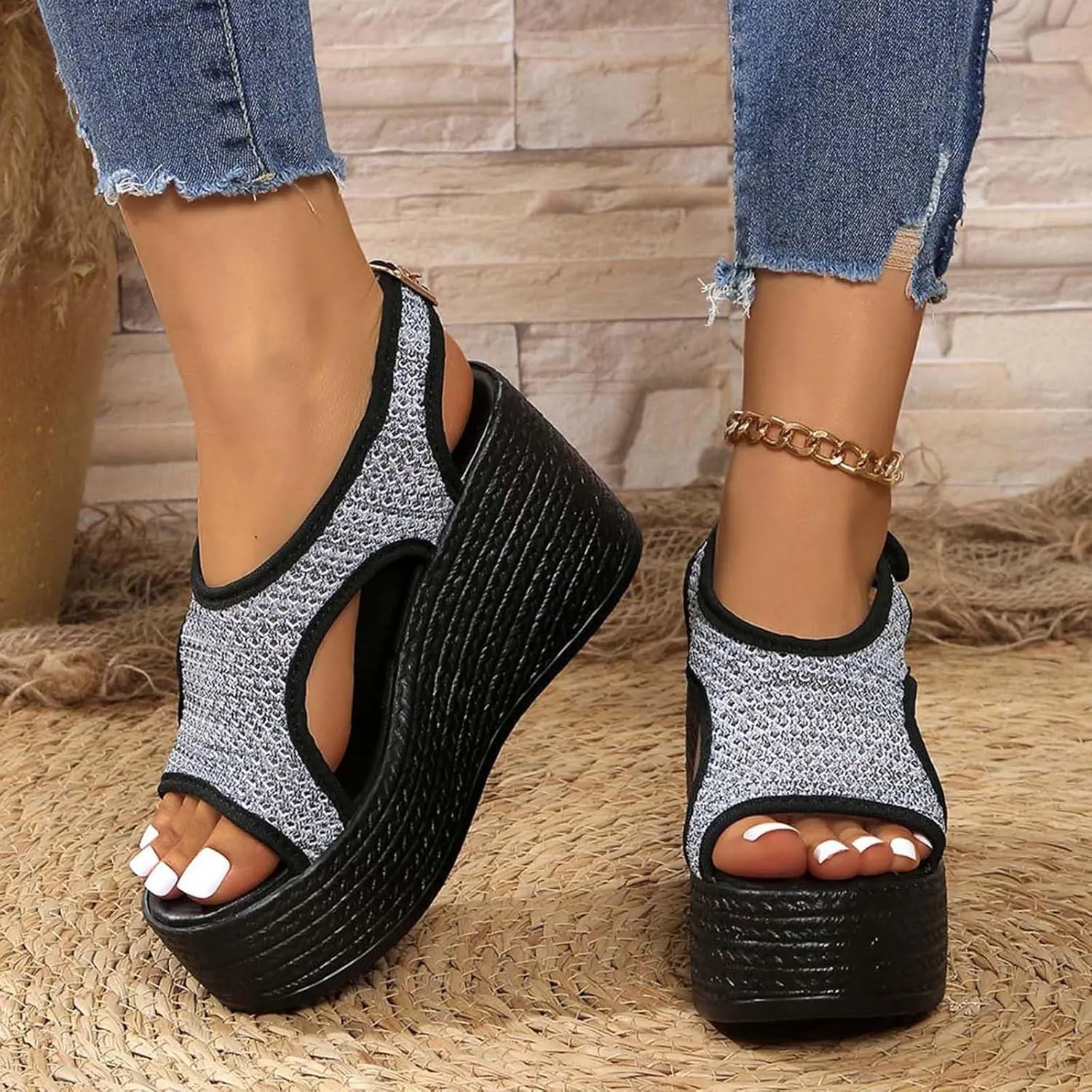 Womens Sandals 2025 Mesh Breathable Wedge Sandal Buckles Open Toe Wedge Sandal Summer Womens Shoes