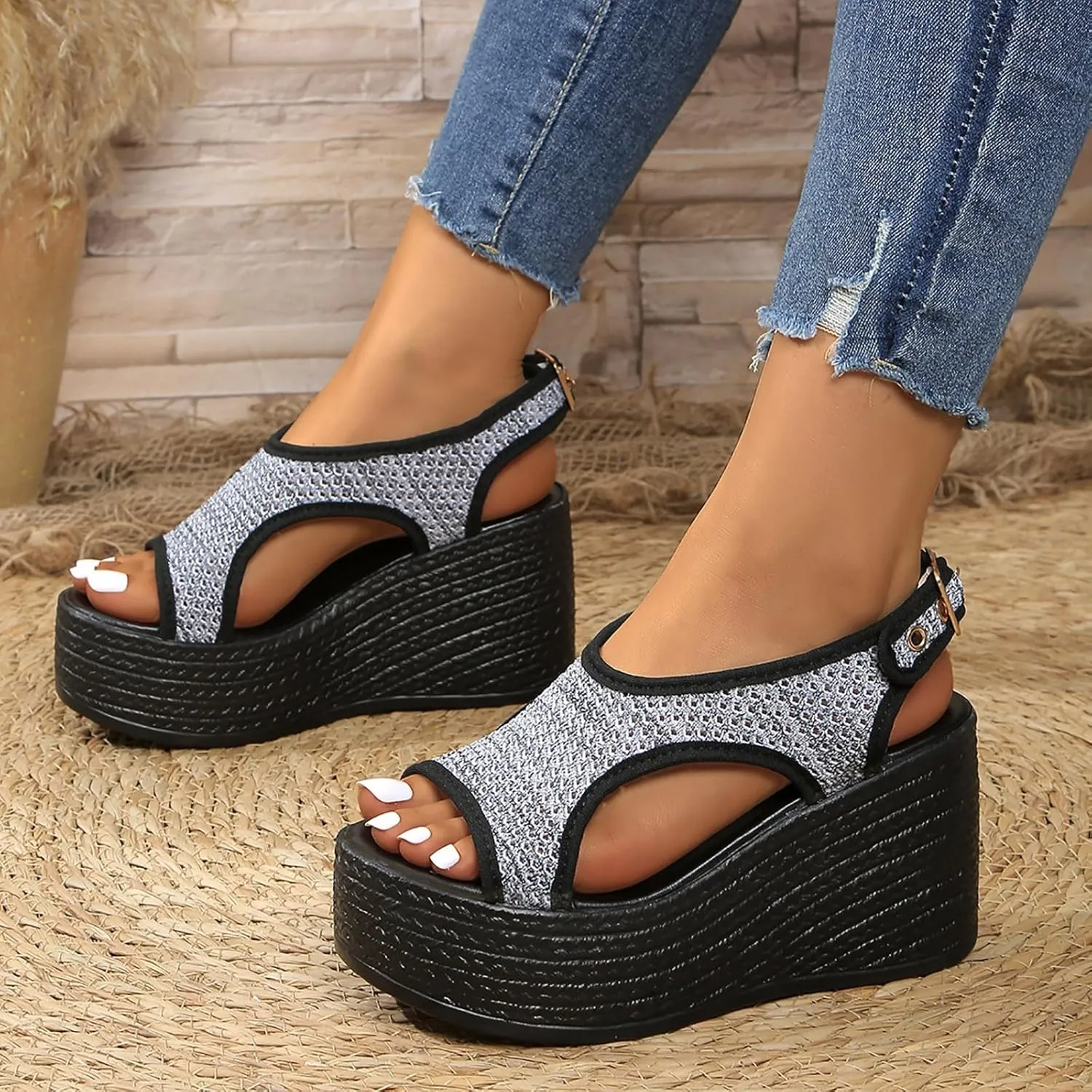 Womens Sandals 2025 Mesh Breathable Wedge Sandal Buckles Open Toe Wedge Sandal Summer Womens Shoes