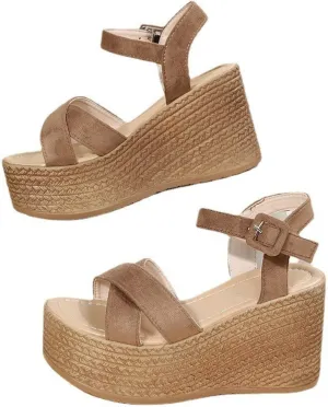 Women's Sandals Casual Summer Straw Woven Wedge Peep Toe High Heel Platform Cross Straps Flat Shoes Non-Slip Sandals