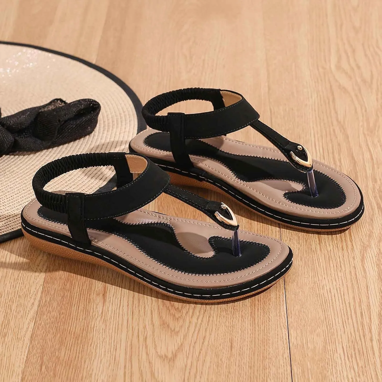 Women's Sandals Comfortable Bohemian Dressy Summer Flat Thong Sandal Casual Ankle Strap Elastic Slip on Beach Sandals for Women