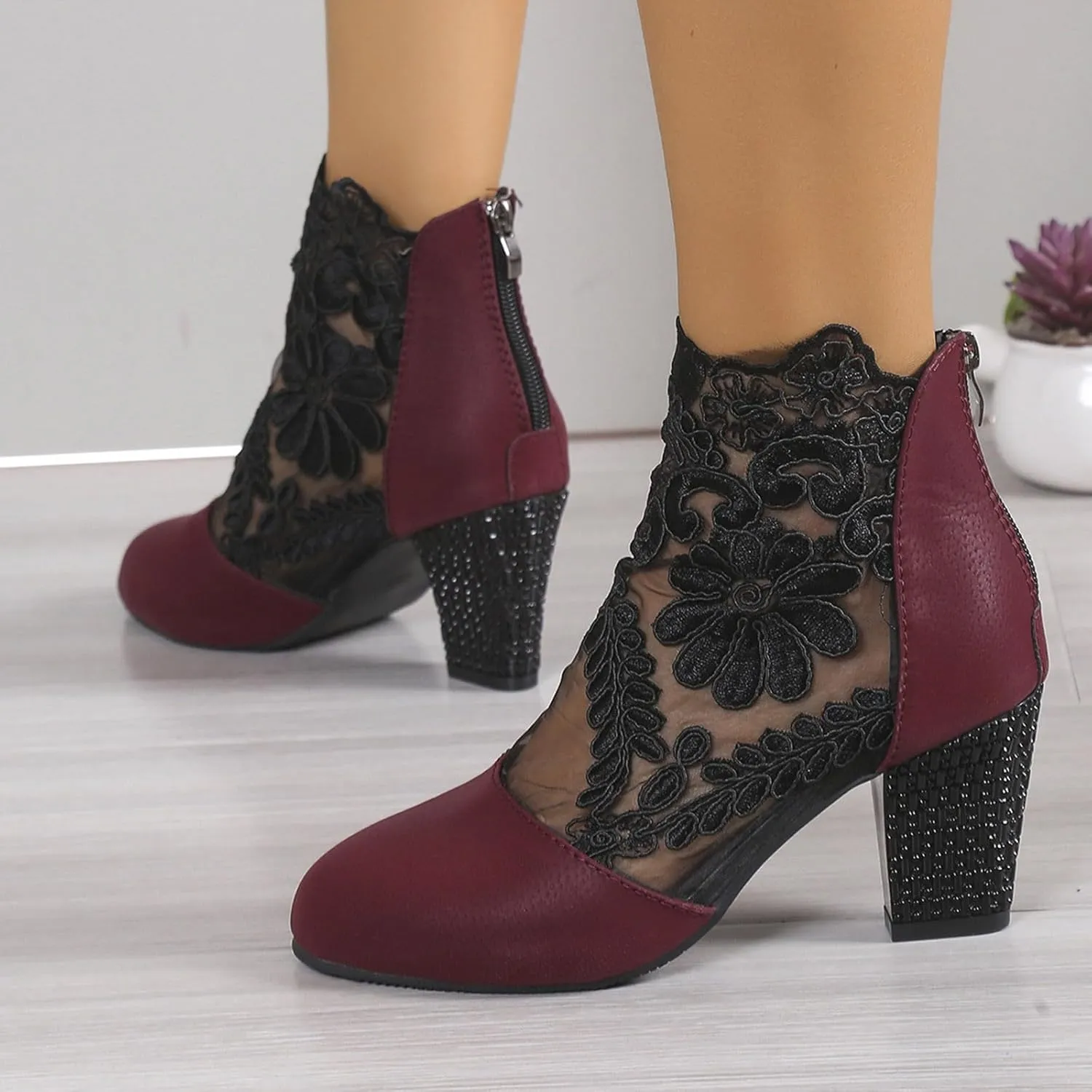 Womens sandals comfortable Dress Shoes Women's Close Toe High Heels Round Toe Floral & Lace Mesh Breathable Shoes