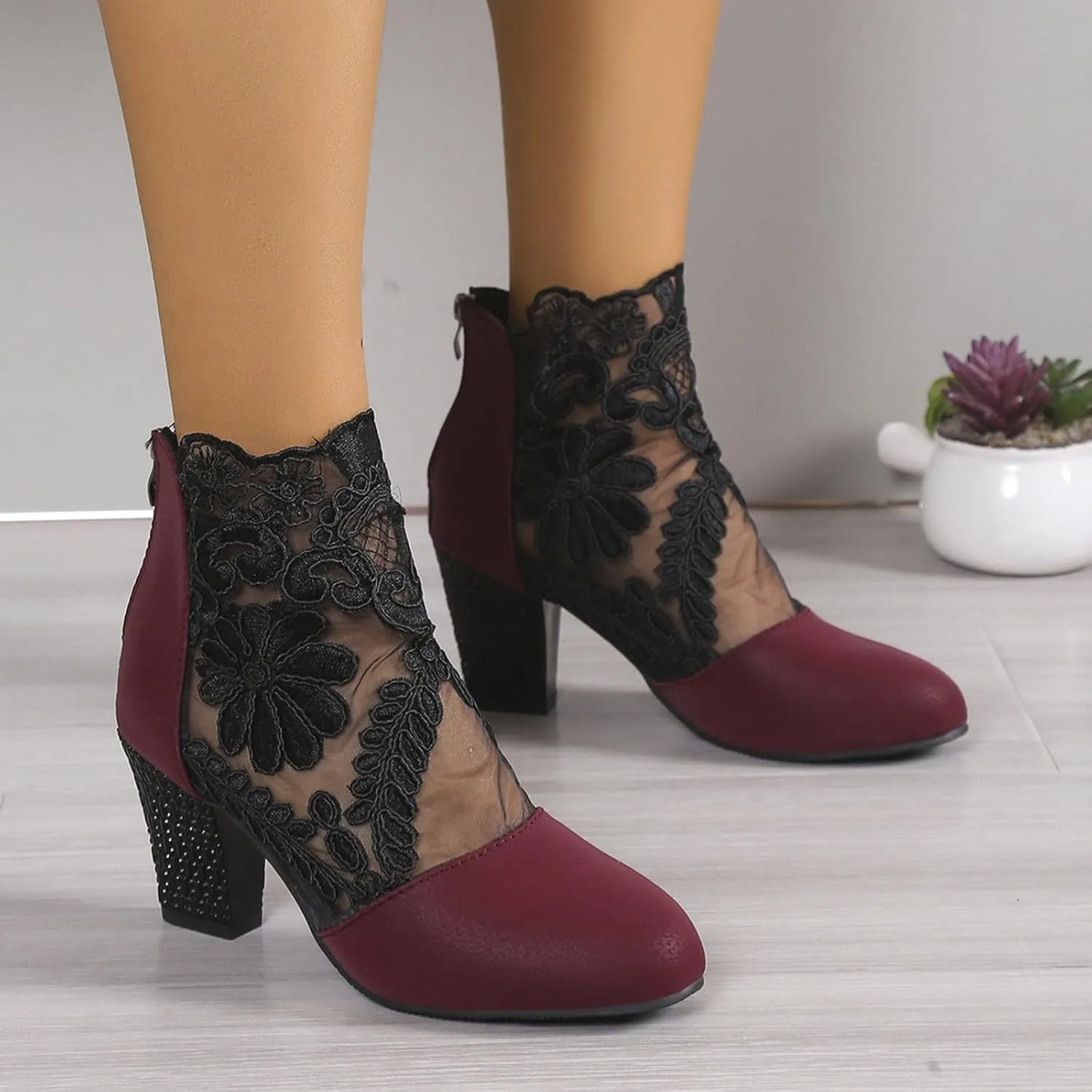 Womens sandals comfortable Dress Shoes Women's Close Toe High Heels Round Toe Floral & Lace Mesh Breathable Shoes
