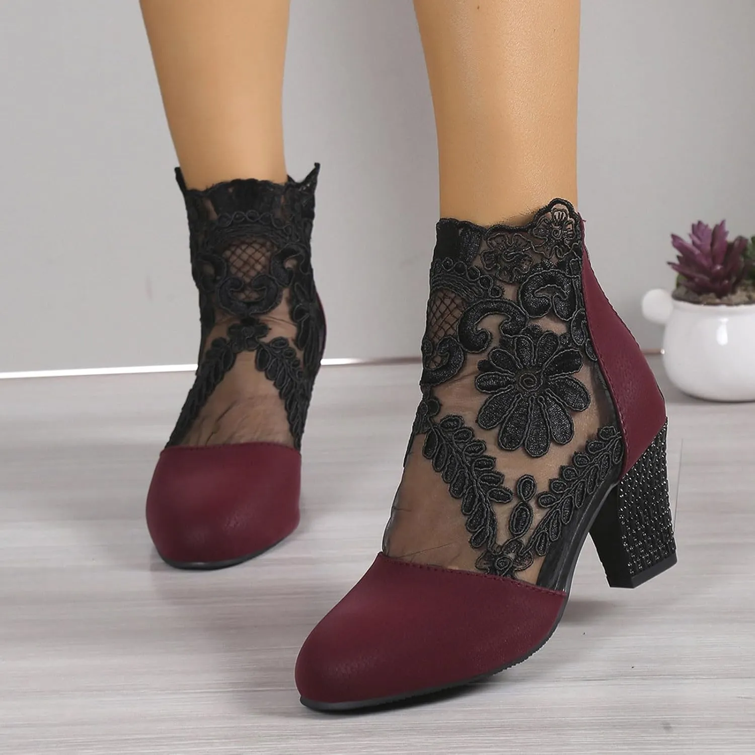 Womens sandals comfortable Dress Shoes Women's Close Toe High Heels Round Toe Floral & Lace Mesh Breathable Shoes