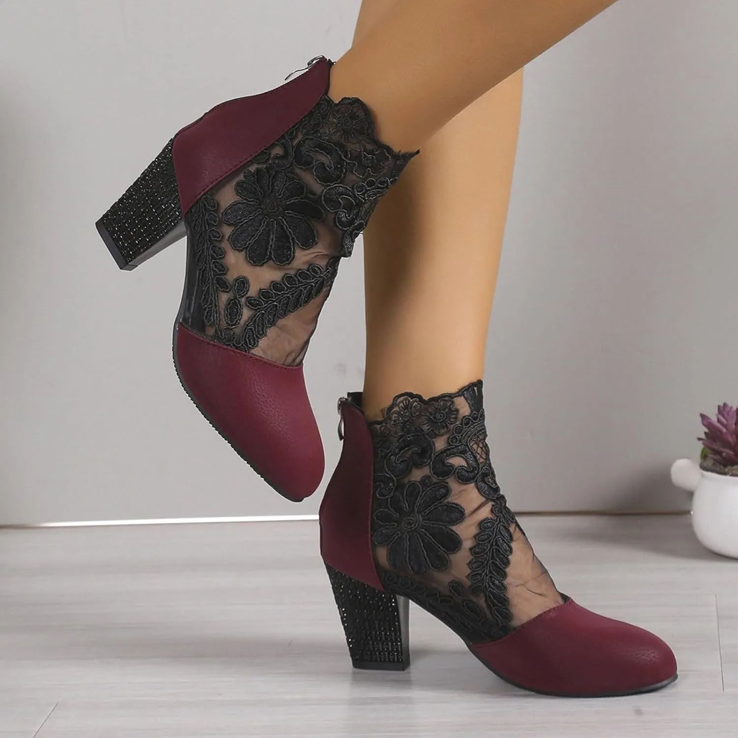 Womens sandals comfortable Dress Shoes Women's Close Toe High Heels Round Toe Floral & Lace Mesh Breathable Shoes