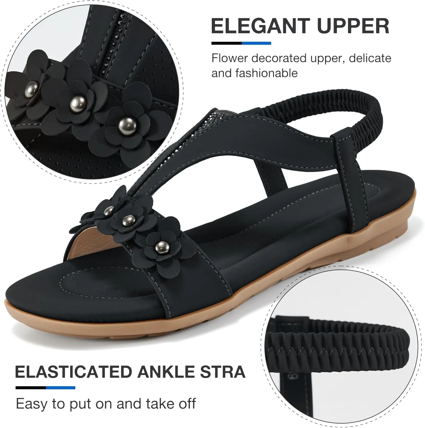 Womens Sandals Dressy Flats: Elastic Ankle Strap Comfortable Sandals for Women Open Toe Summer Walking Beach Flat