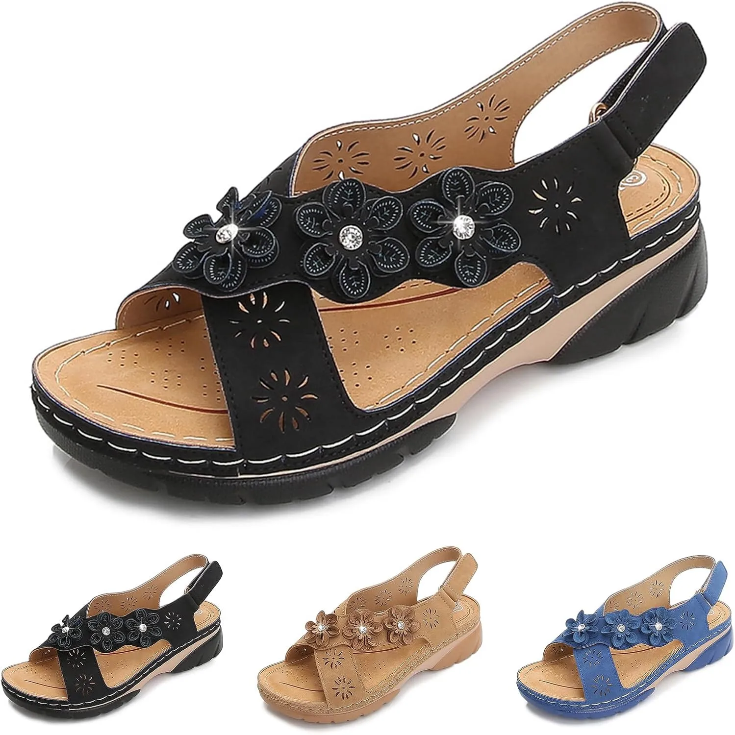 Womens Sandals Dressy Flower Ankle Strap Platform Sandals Summer Casual Open Toe Arch Support Sandal Bohemian Slip on Shoes