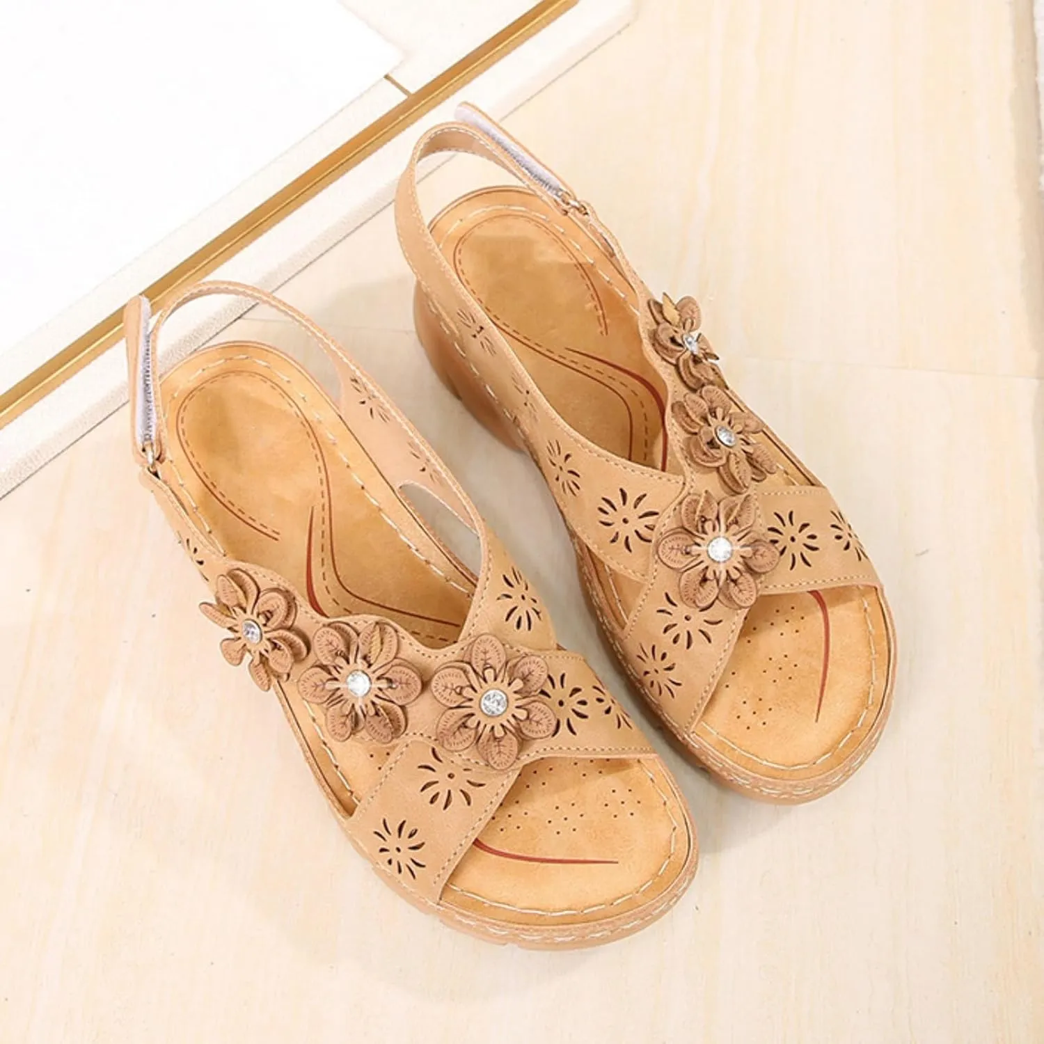 Womens Sandals Dressy Flower Ankle Strap Platform Sandals Summer Casual Open Toe Arch Support Sandal Bohemian Slip on Shoes