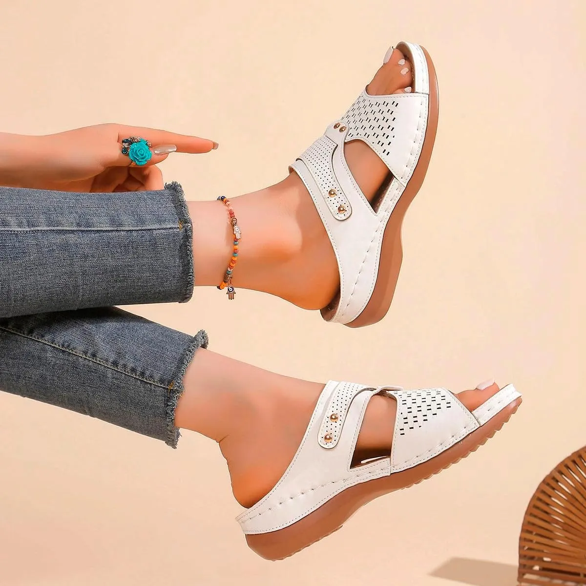Women's Sandals Summer Casual Wedge Open Toe Comfortable Slip On Beach Shoes for Everyday Wear