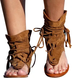Women'S Sandals Tassel Ankle Boots, Retro Bohemian Sandals Beach Travel Shoes Clip Toe Flip Flops High Top Flat Casual Dressy Sandals