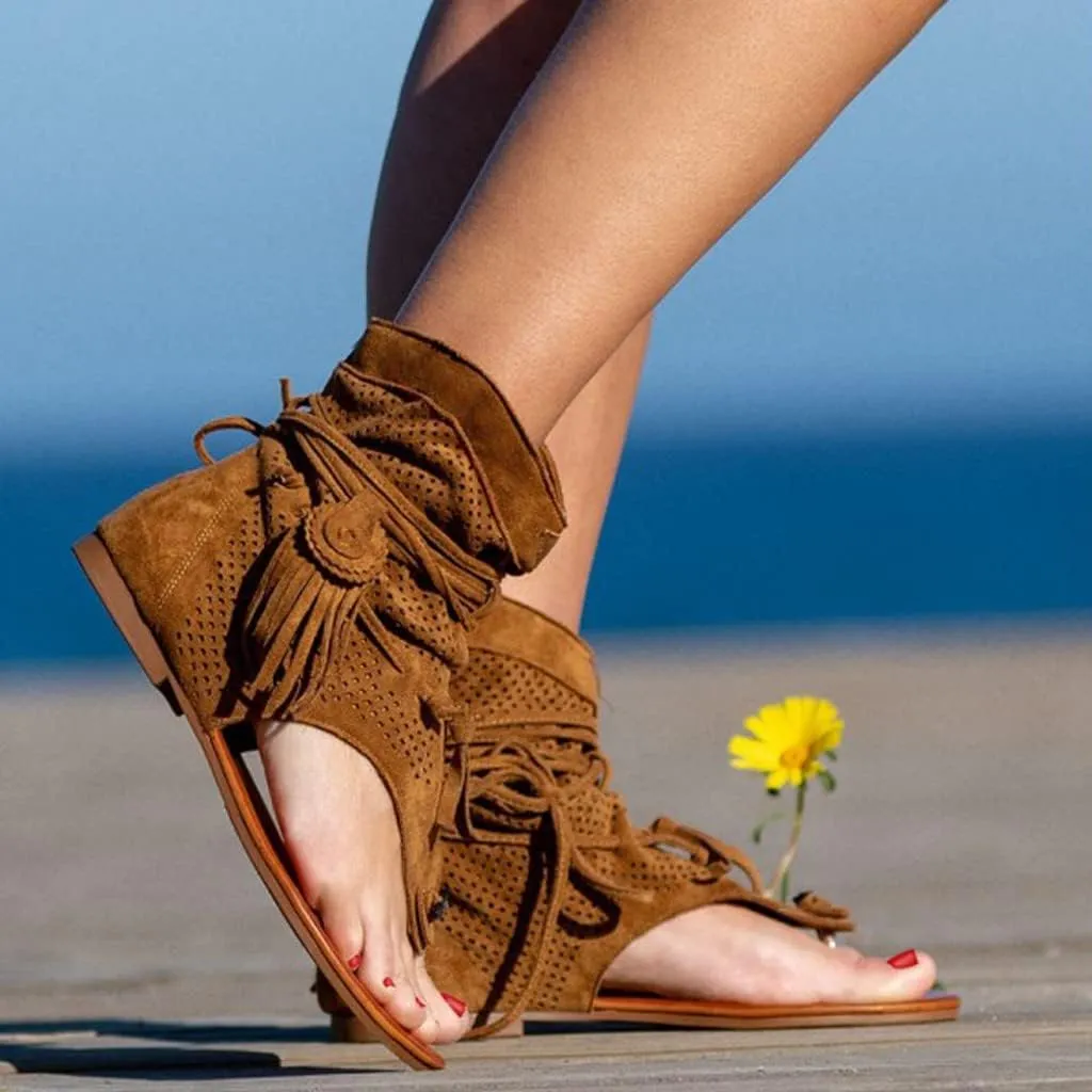 Women'S Sandals Tassel Ankle Boots, Retro Bohemian Sandals Beach Travel Shoes Clip Toe Flip Flops High Top Flat Casual Dressy Sandals
