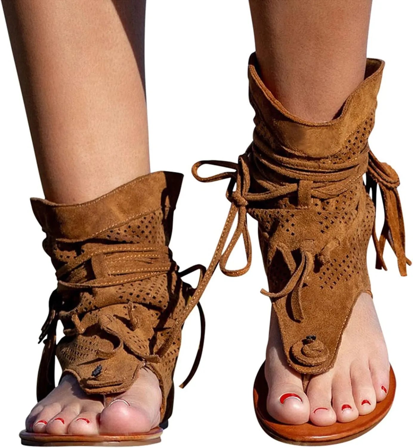 Women'S Sandals Tassel Ankle Boots, Retro Bohemian Sandals Beach Travel Shoes Clip Toe Flip Flops High Top Flat Casual Dressy Sandals