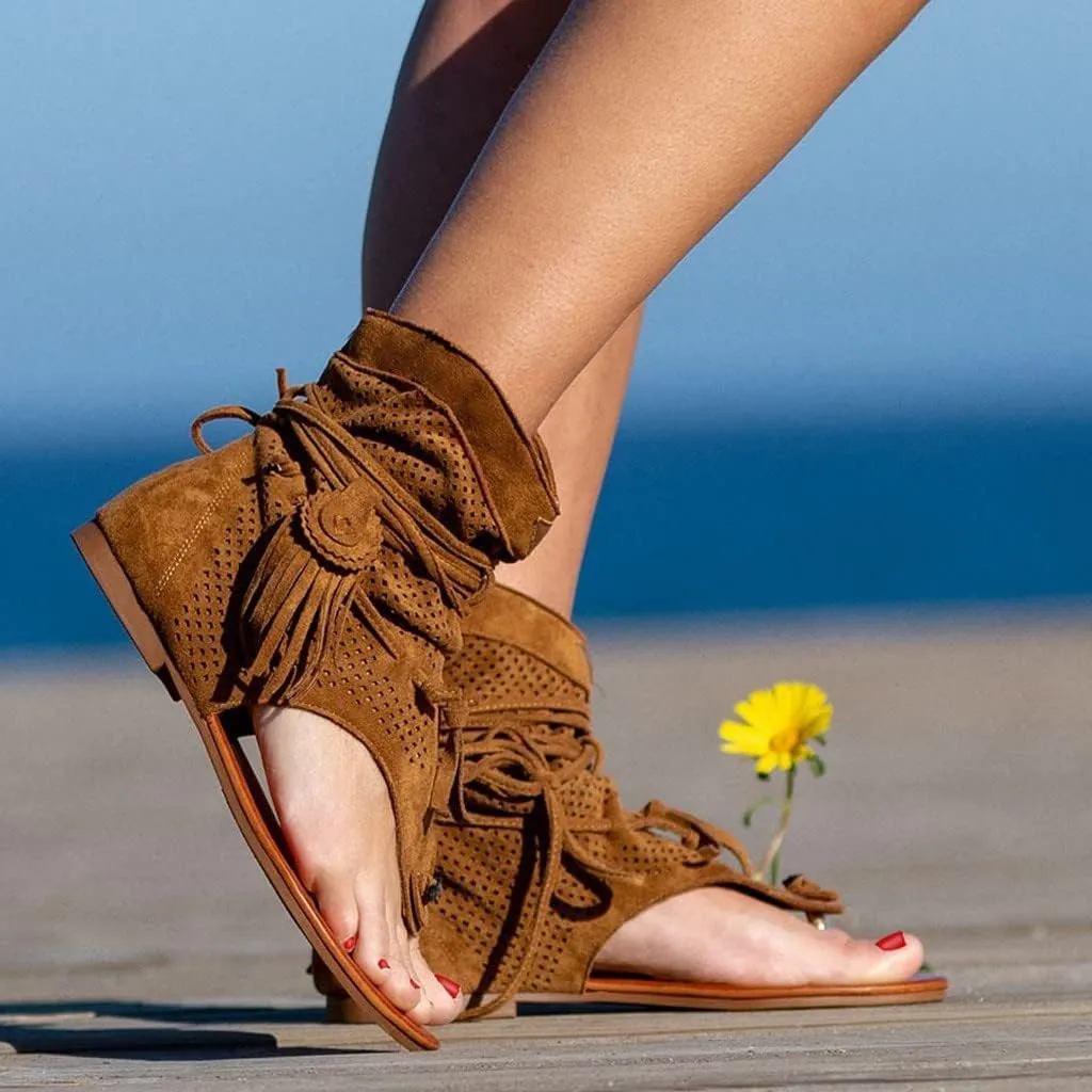 Women'S Sandals Tassel Ankle Boots, Retro Bohemian Sandals Beach Travel Shoes Clip Toe Flip Flops High Top Flat Casual Dressy Sandals