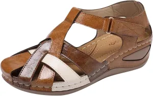 Womens Sandals Vintage Color Matching Wedge Shoes Closed Toe Comfy Ankle Strap Summer Casual Platform Orthotic Sandal